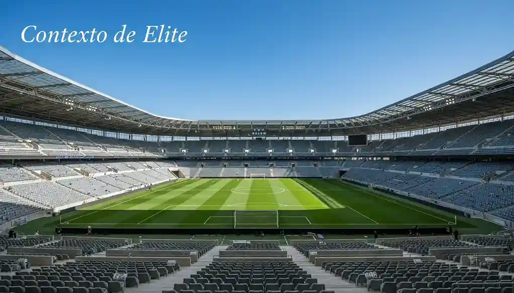 Estádio de futebol visto de longe com bancadas e relvado