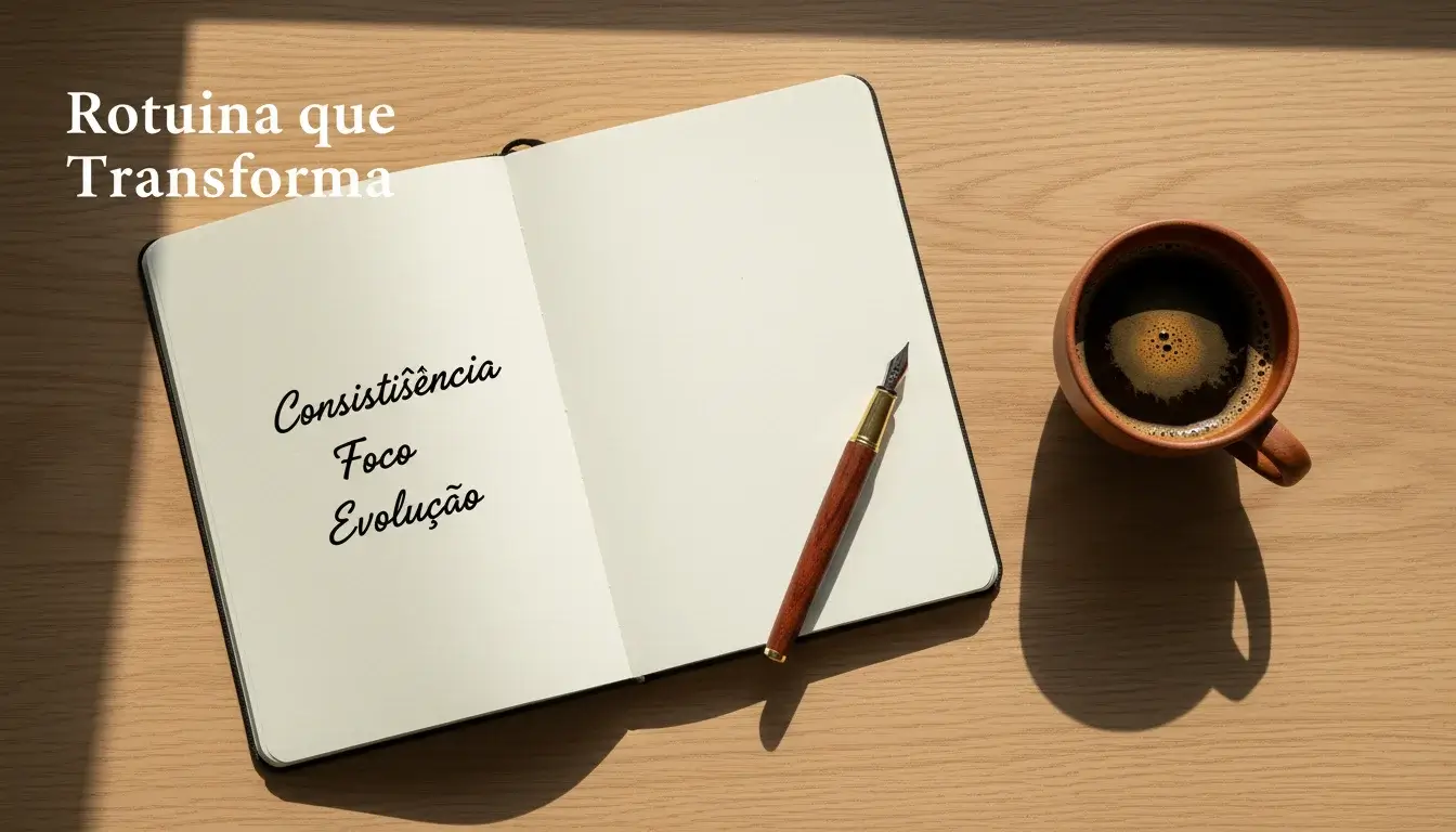 Mesa de trabalho organizada com caderno, caneta e chávena de café