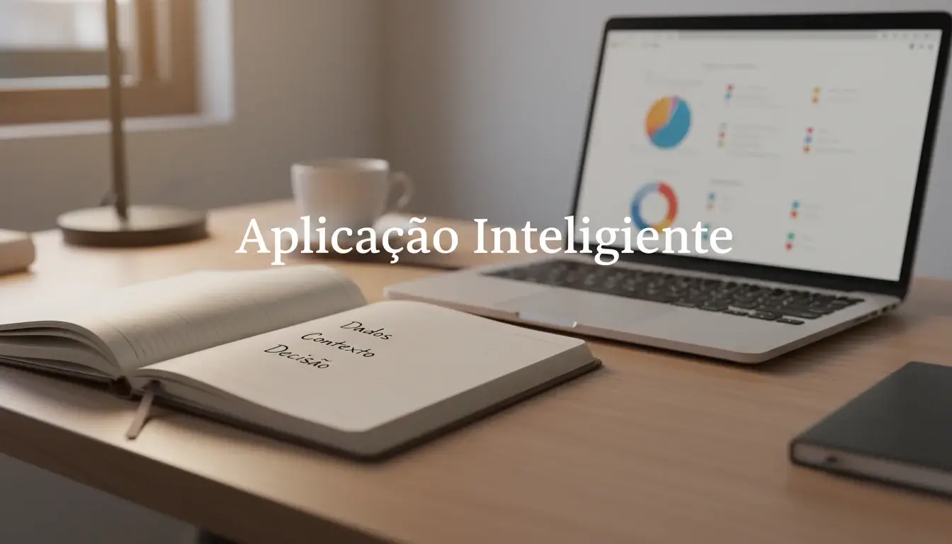 Caderno com notas e computador portátil numa mesa de trabalho