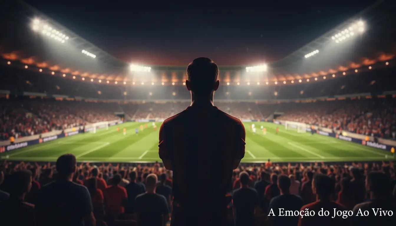 Adepto a ver um jogo de futebol num estádio com o campo iluminado