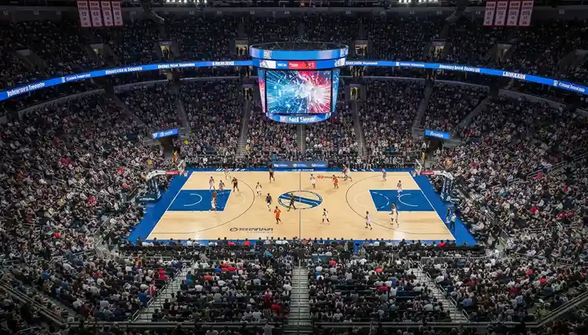 Vista de um pavilhão de basquetebol com adeptos nas bancadas
