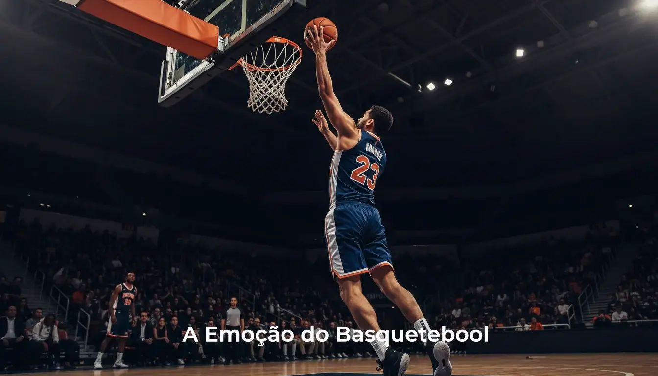 Jogador de basquetebol a lançar ao cesto num pavilhão iluminado