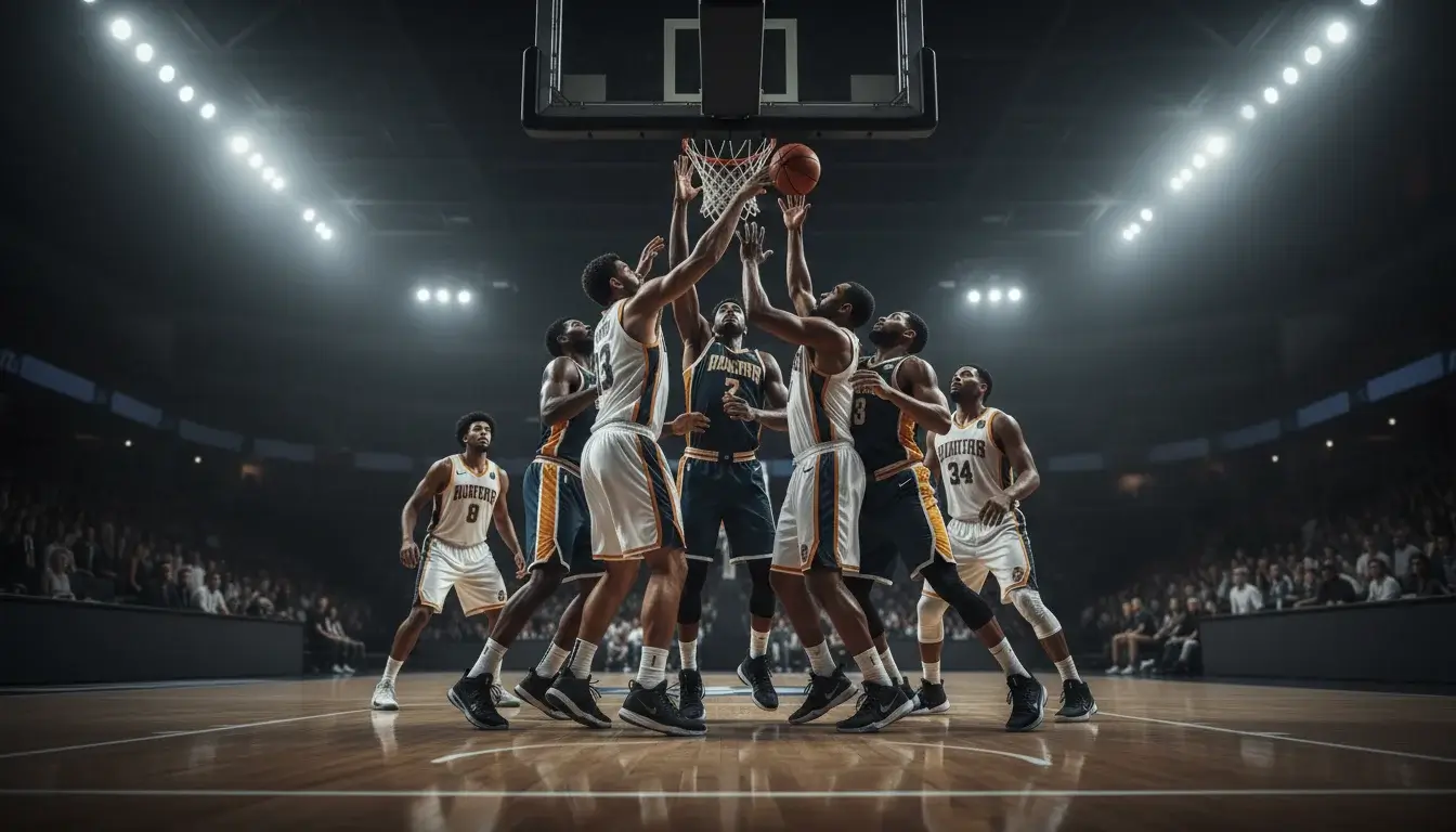 Jogo de basquetebol com jogadores a disputar a bola junto ao cesto