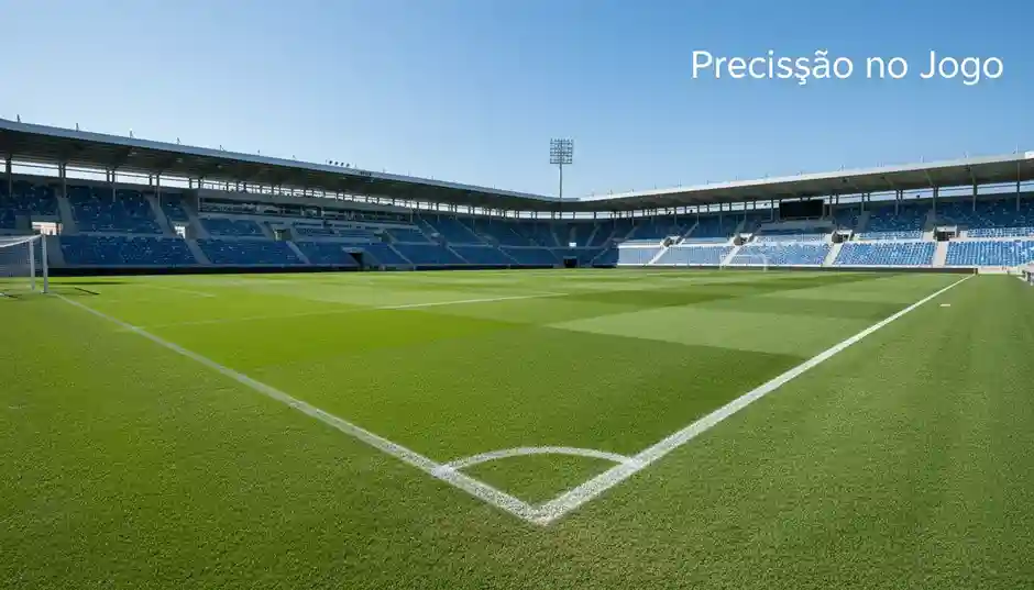 Vista de um campo de futebol com linhas brancas e relva verde