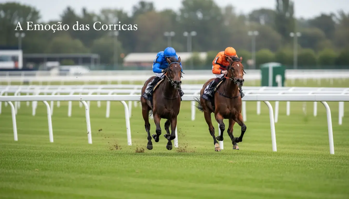 Cavalos de corrida a galope numa pista de hipódromo