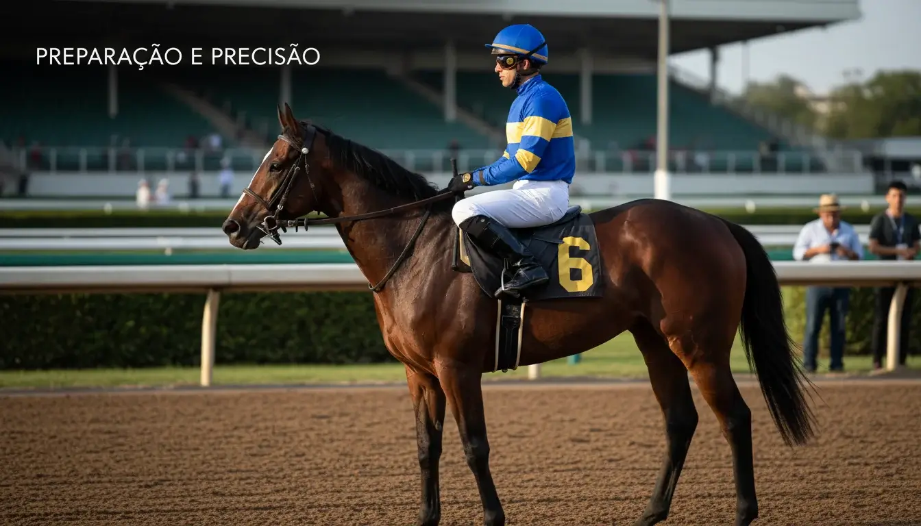 Jockey montado num cavalo de corrida com equipamento colorido