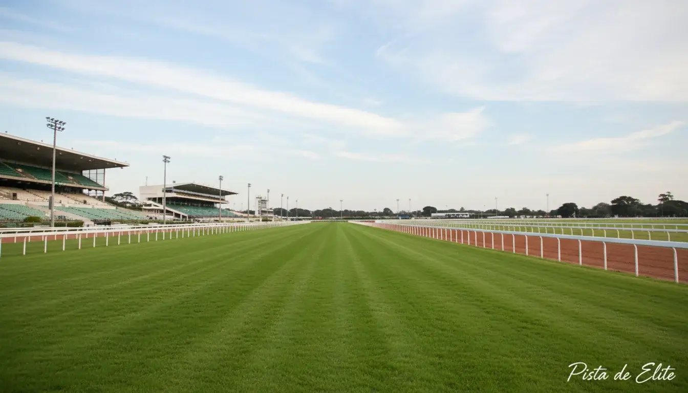 Pista de corridas de cavalos com relva verde e cercas brancas