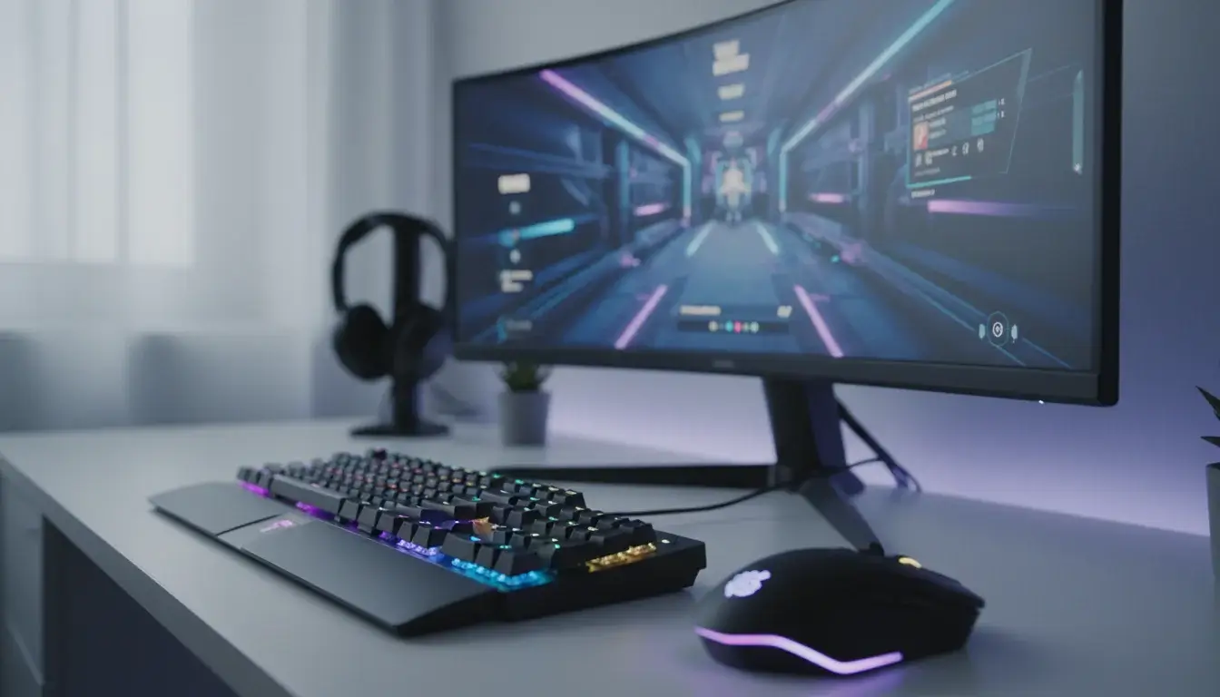 Setup de gaming profissional com teclado, rato e monitor