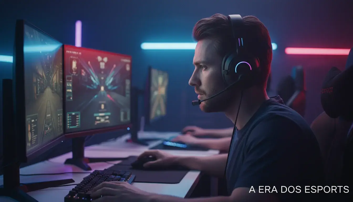 Jogador profissional de eSports com headset em frente a monitores