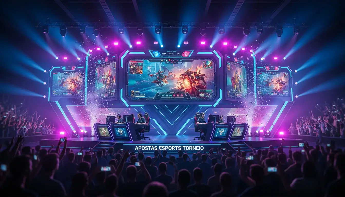 Palco de torneio de eSports com ecrãs gigantes e público