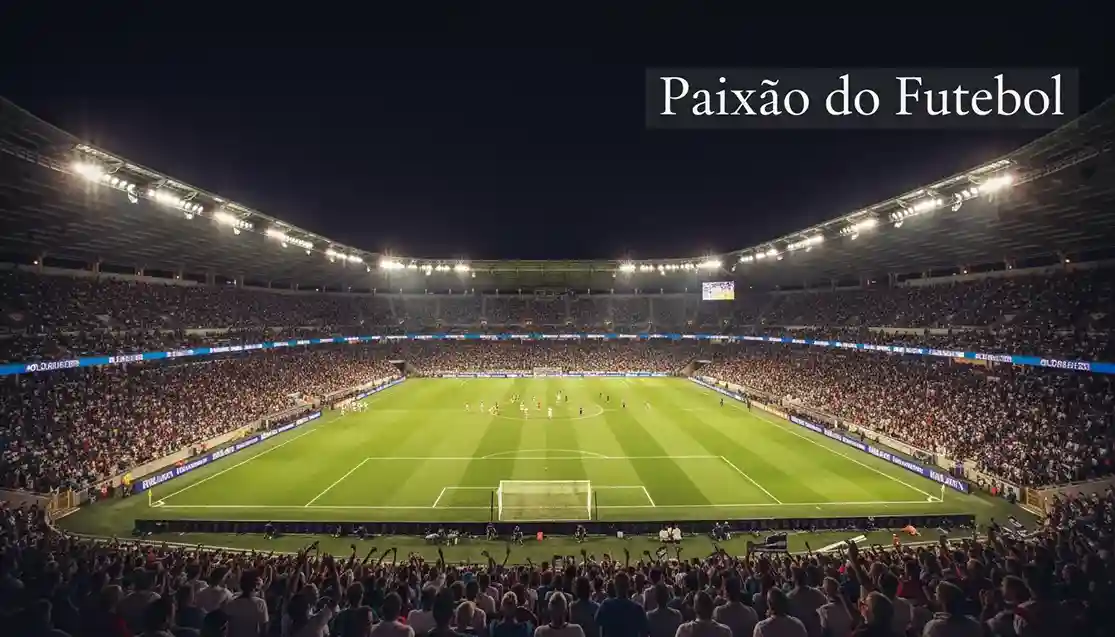 Estádio de futebol iluminado à noite com adeptos nas bancadas