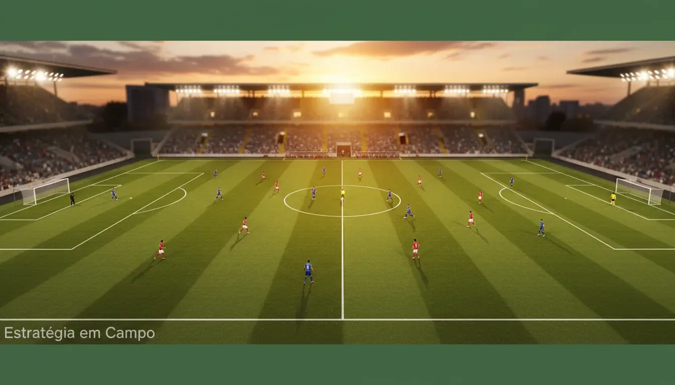 Vista panorâmica de um campo de futebol durante um jogo noturno com luzes acesas