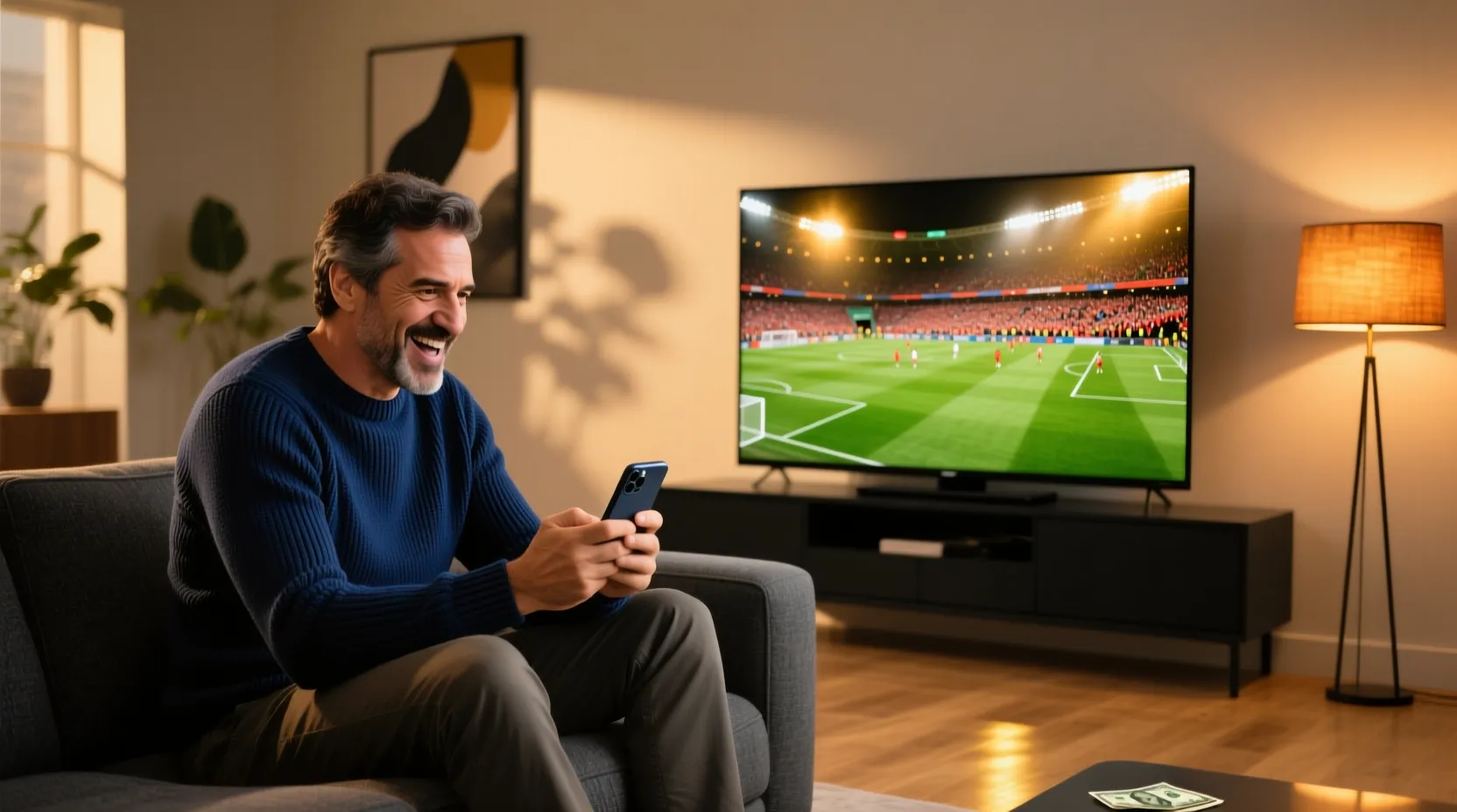 Homem português a acompanhar jogo de futebol no telemóvel enquanto assiste na televisão