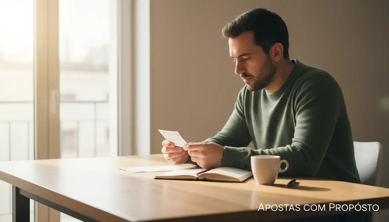 Apostador a analisar um boletim de apostas numa secretária organizada