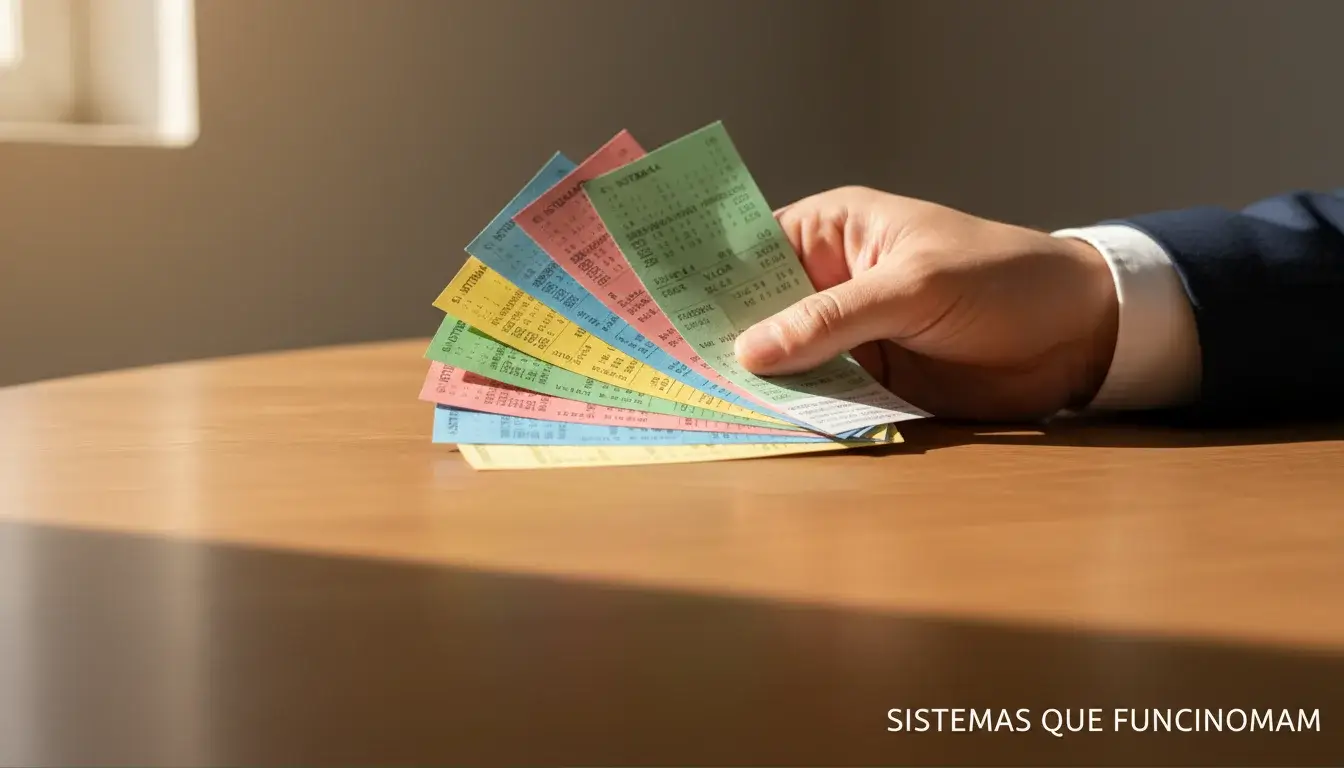 Mão a segurar várias fichas de apostas coloridas sobre uma mesa
