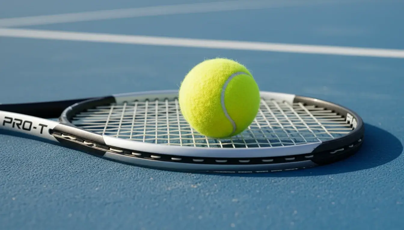 Raquete de ténis e bola sobre um court de piso duro