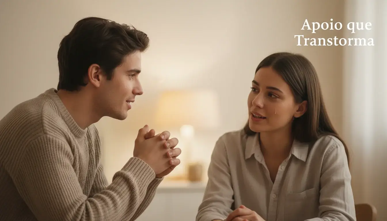 Duas pessoas em conversa de apoio num ambiente acolhedor