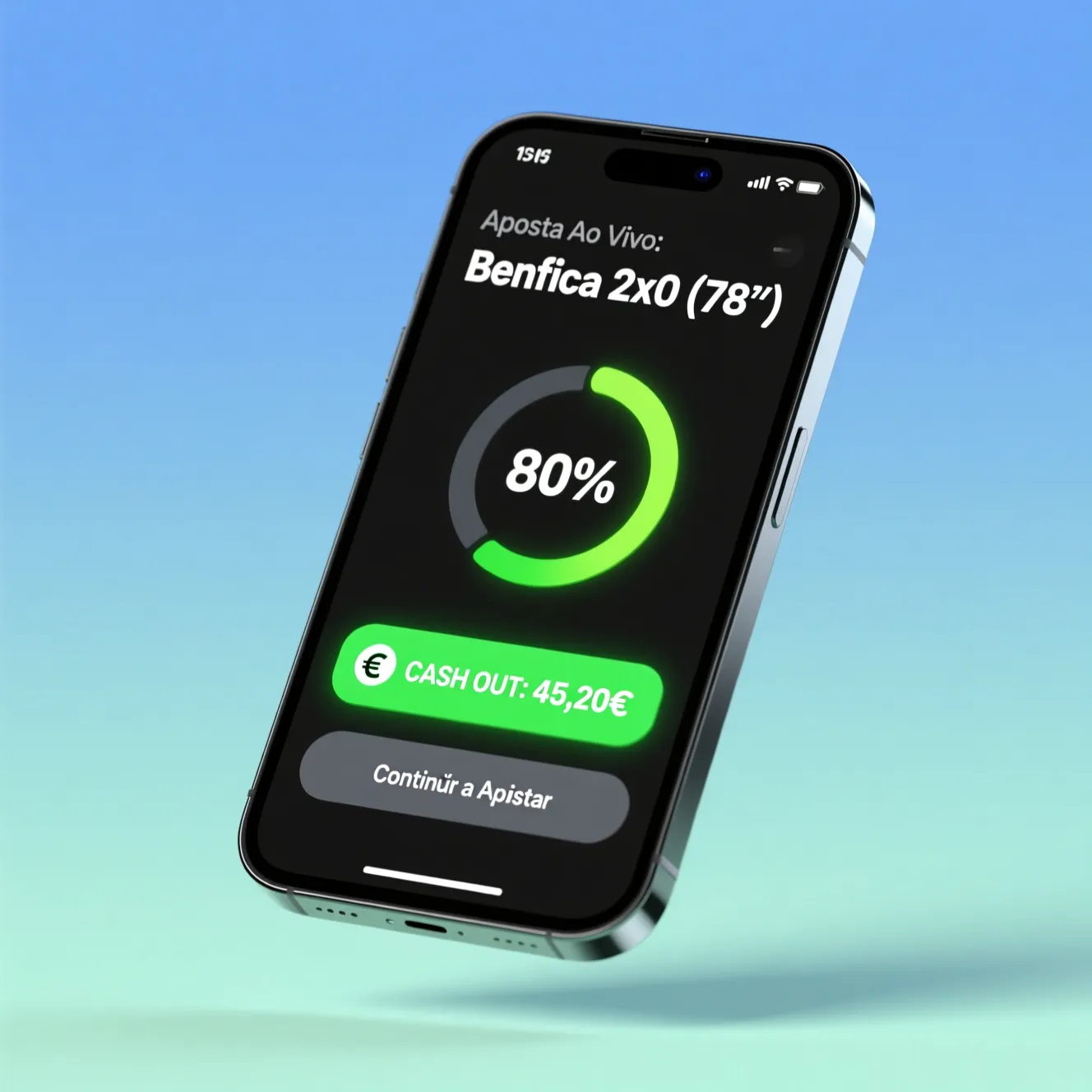Ilustração de interface de smartphone com botão de cash out para apostas desportivas