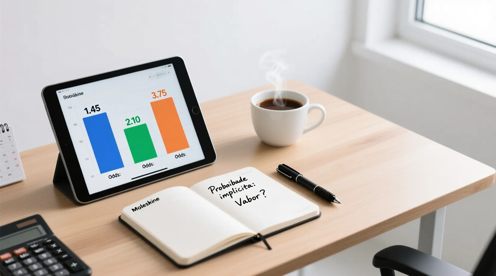 Mesa de trabalho com tablet mostrando gráfico de comparação de odds para apostas desportivas