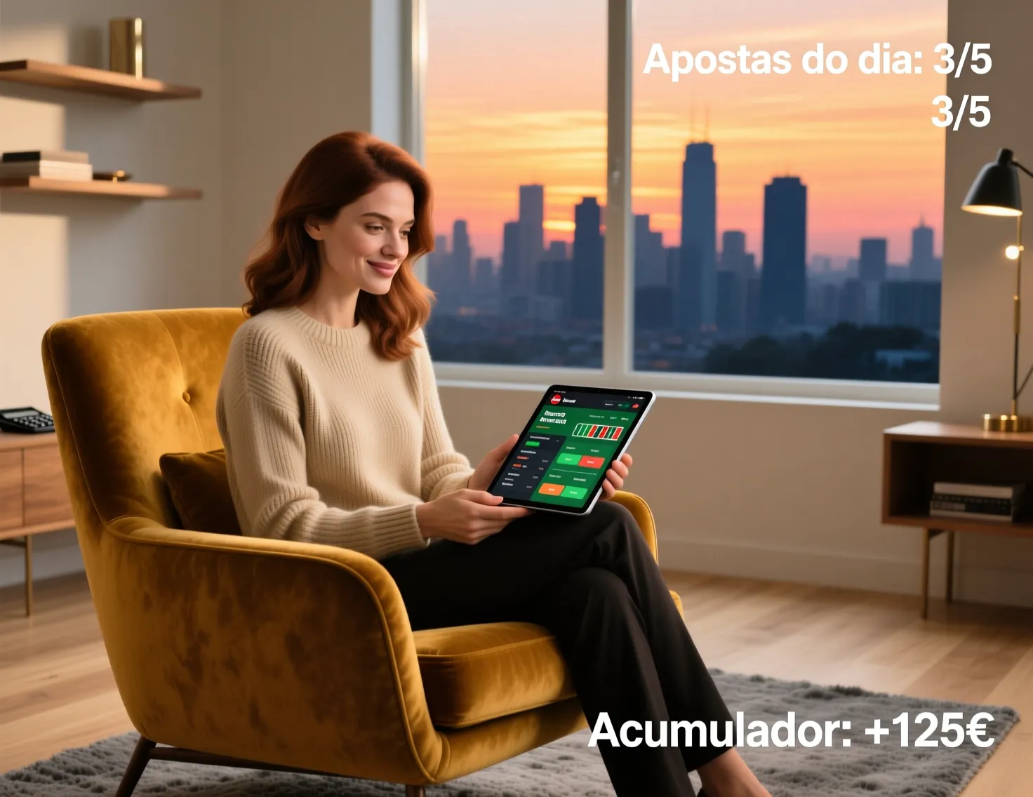 Pessoa relaxada a rever informações num tablet, representando apostas ao vivo informadas e disciplinadas