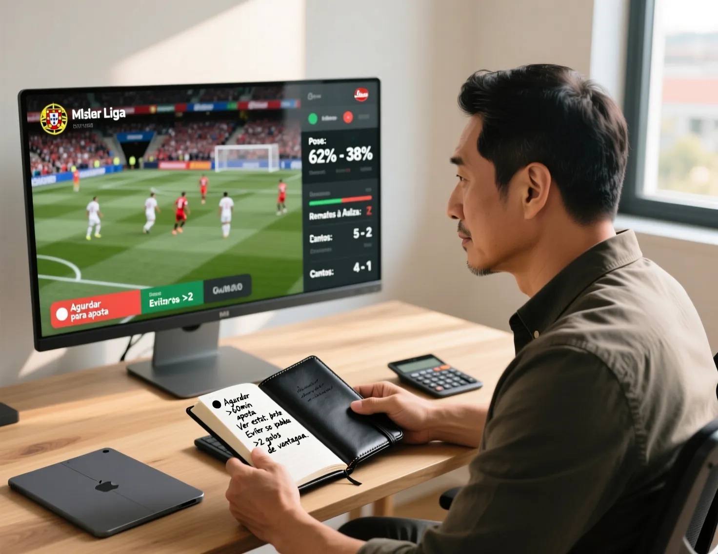 Pessoa a analisar jogo de futebol e a tomar notas estratégicas num caderno