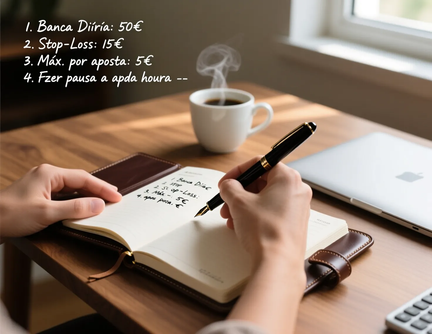 Pessoa a planear e escrever notas num caderno, representando disciplina na gestão de apostas