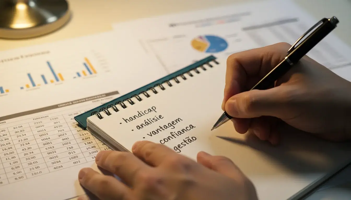 Pessoa a escrever notas num caderno enquanto analisa informação
