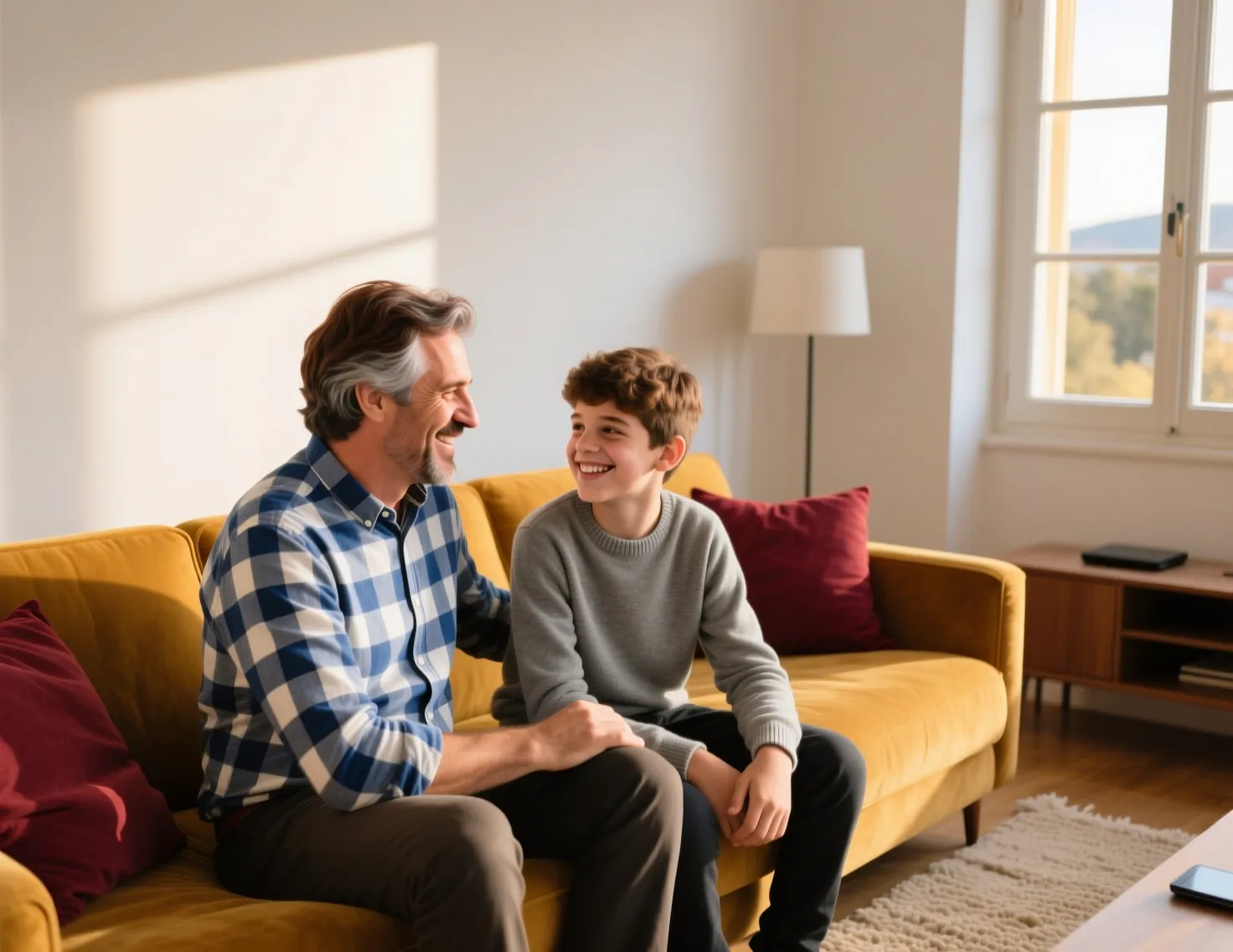 Pai e filho portugueses a conversar sobre jogo responsável em ambiente familiar