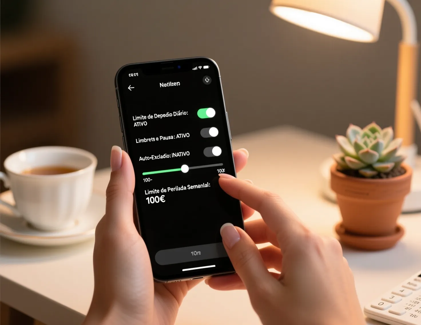 Pessoa a configurar limites de jogo responsável num smartphone