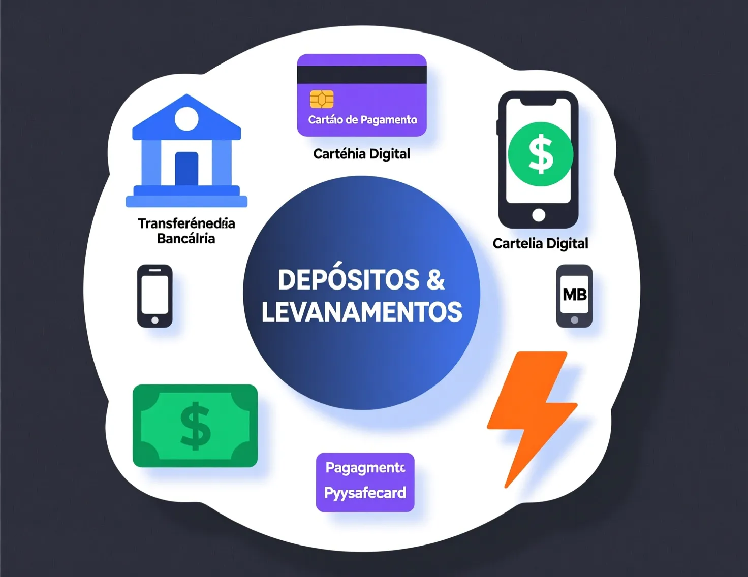 Ilustração dos diversos métodos de pagamento disponíveis nas plataformas de apostas