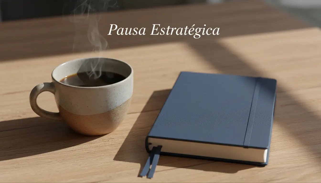 Chávena de café numa mesa junto a um caderno fechado
