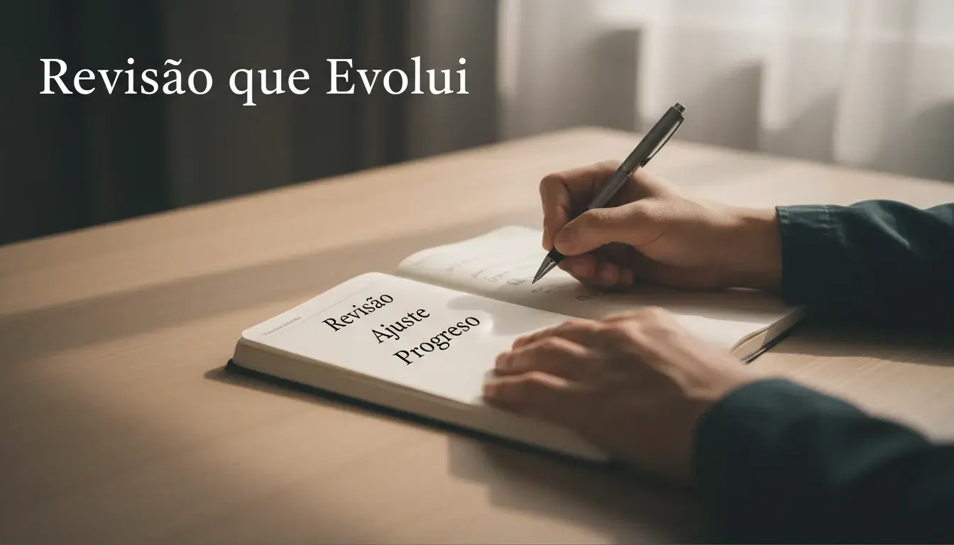 Pessoa a escrever notas num caderno numa secretária organizada