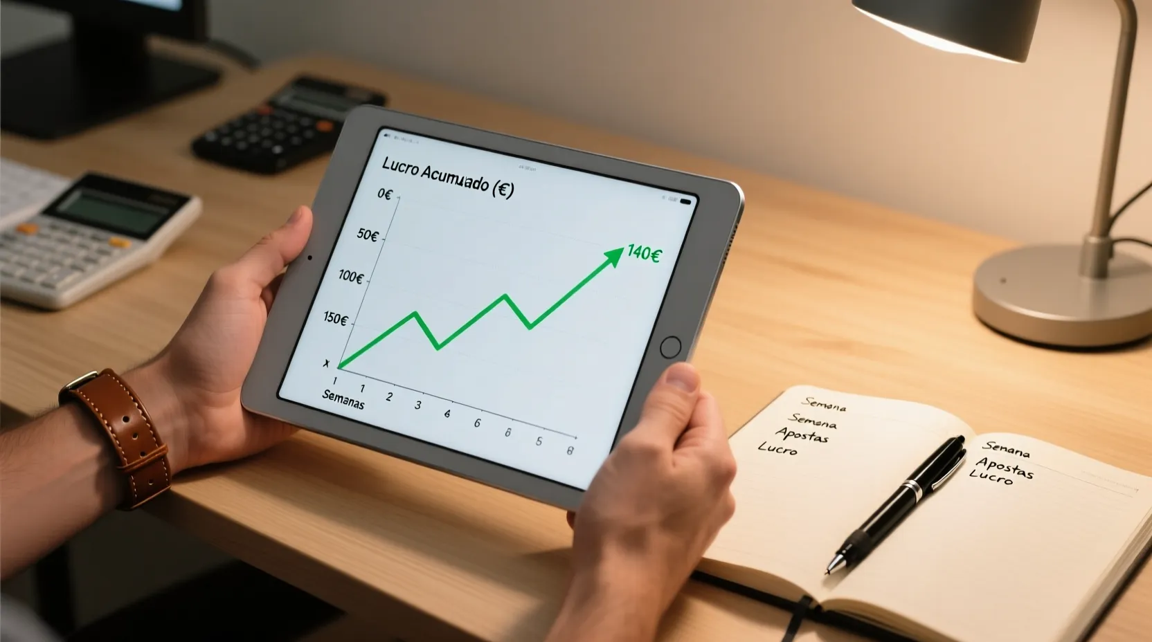 Pessoa a rever dados de desempenho num tablet com gráfico de evolução positiva