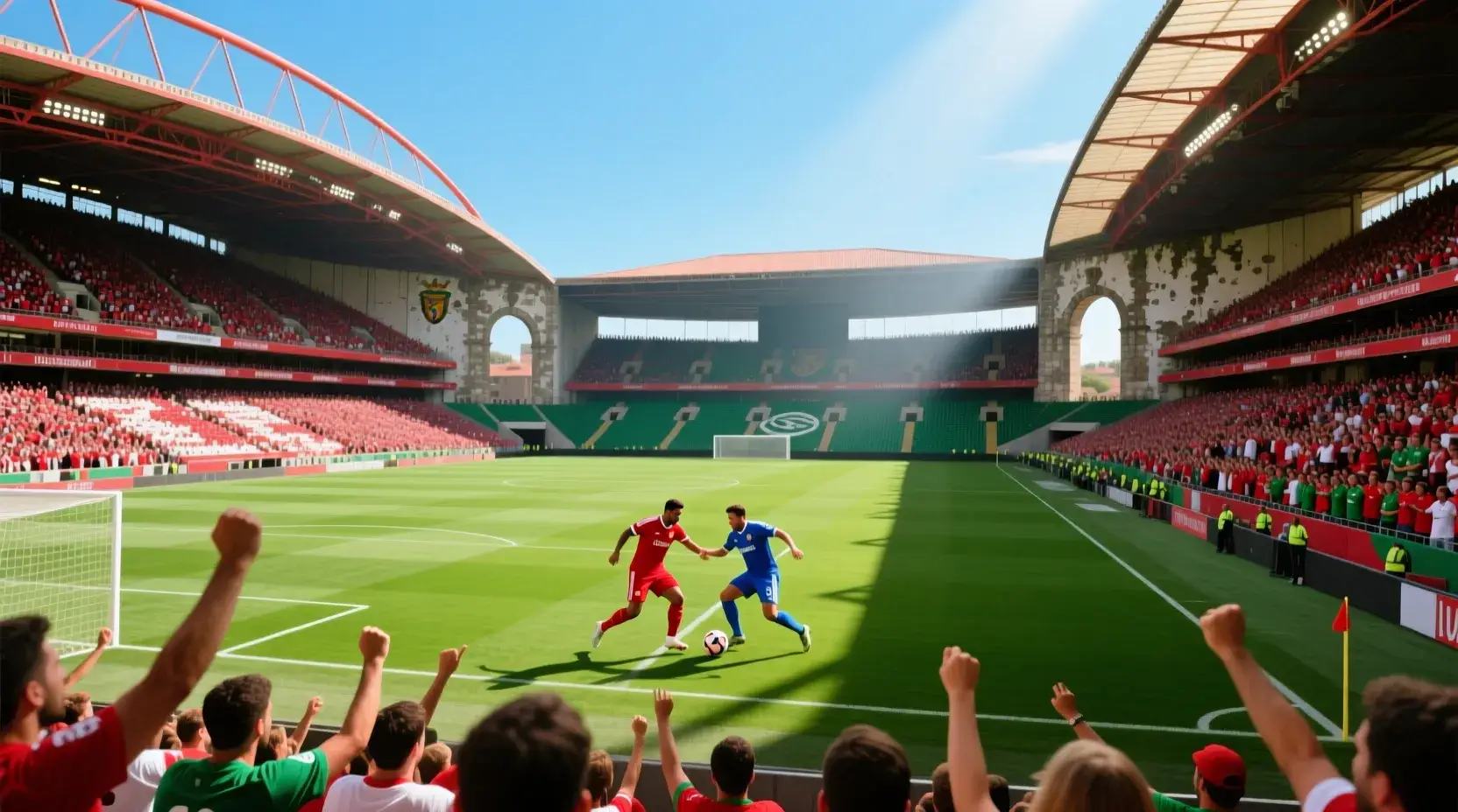 Estádio de futebol português com adeptos nas bancadas durante jogo ao vivo