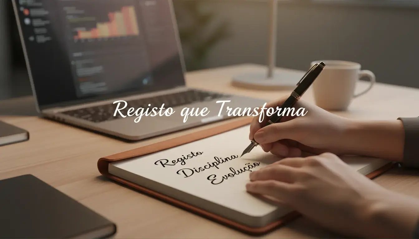Pessoa a escrever notas num bloco enquanto trabalha no computador