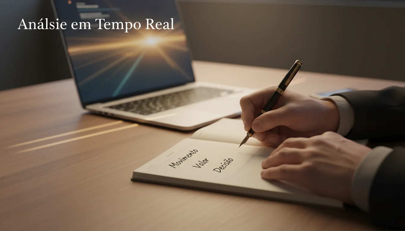 Pessoa a tomar notas enquanto observa um ecrã de computador
